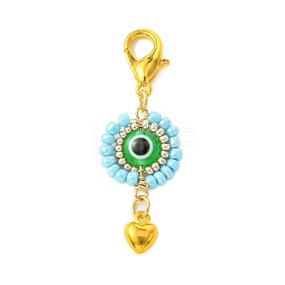 10Pcs Flat Round Evil Eye Resin with Glass Seed Pendant Decorations HJEW-MZ00095-1