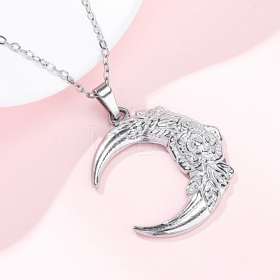 Moon with Flower 304 Stainless Steel Pendant Necklaces NJEW-H059-11P-1