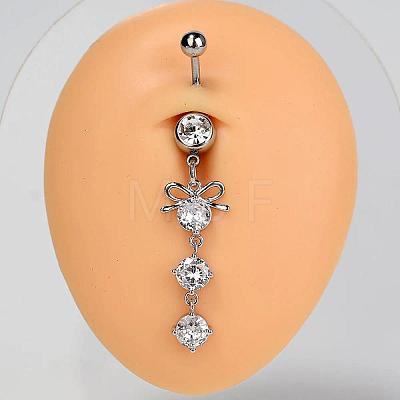 304 Stainless Steel Pave Clear Cubic Zirconia Curved Barbell Dangle Belly Rings FS-WG828D7-10-1