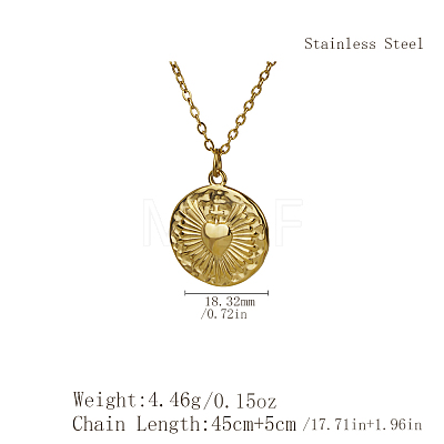 French Style Stainless Steel Flat Round with Cross Sacred Heart Pendant Necklaces for Women JI8984-1-1