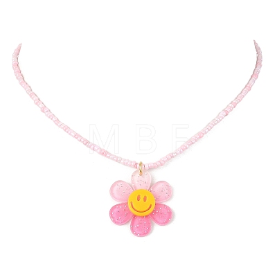 Acrylic Flower Pendant Necklace with Glass Beaded Chains NJEW-JN04593-1