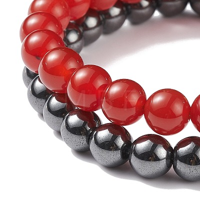 2Pcs 2 Style Natural Red Agate Carnelian(Dyed & Heated) & Synthetic Hematite Stretch Bracelets Set with Alloy Dragon BJEW-JB08655-1