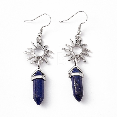 Natural Lapis Lazuli Bullet with Sun Dangle Earrings EJEW-I276-01P-14-1