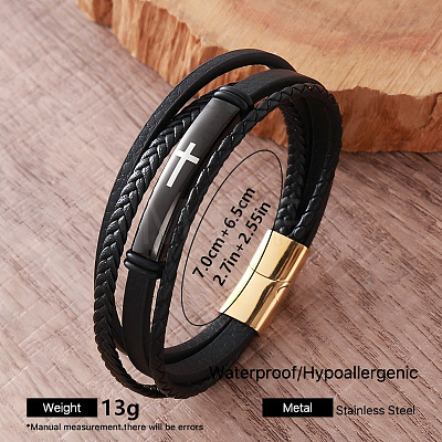 Vintage 304 Stainless Steel Braided Imitation Leather Multi-Strand Bracelets with Magnetic Clasps for Men QX2035-4-1