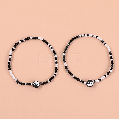 2Pcs Yin-yang Polymer Clay Glass Seed Beaded Stretch Anklet Sets for Women FS-WG3863F-08-1