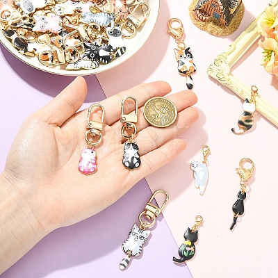 12Pcs 12 Styles Alloy Enamel Cat Shape Pendant Decorations HJEW-YW00488-1