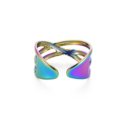 Rainbow Color 304 Stainless Steel Criss Cross Cuff Ring RJEW-N038-036M-1