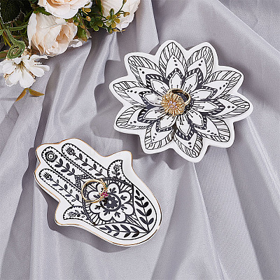 2Pcs 2 Styles Floral Hamsa Hand Flower Porcelain Trinket Dishes AJEW-ME0003-92-1