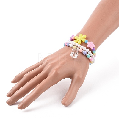 3Pcs 3 Style Acrylic Flower Beaded Stretch Bracelets Set with Bear Charms for Kids BJEW-JB09106-1