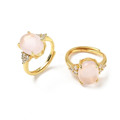 Brass Micro Pave Cubic Zirconia with Natural Rose Quartz Cuff Open Rings RJEW-T035-01G-L-1