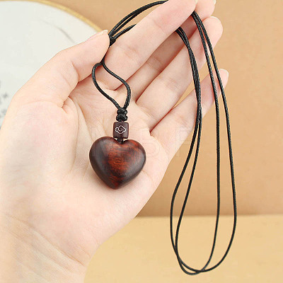 Wood Heart Pendant Adjustable Black Waxed Cord Necklaces for Women FS-WG059F7-02-1