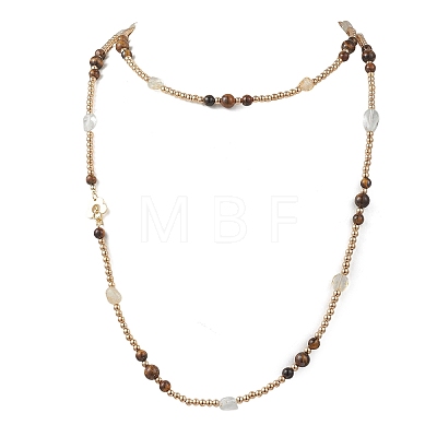 Round Natural Tiger Eye & Nuggets Topaz Beaded Wrap Long Necklaces NJEW-JN05907-01-1