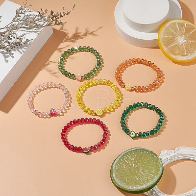 6Pcs 6 Style Orange & Avocado & Pineapple & Watermelon & Lemon Polymer Clay Stretch Bracelets Set BJEW-JB08864-1