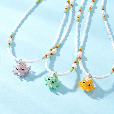 Handmade Lampwork Octopus Pendant Glass Seed Beaded Necklaces for Women NJEW-TA00217-1