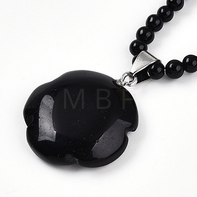 Natural Obsidian 4.5mm Round Beaded Flower Pendant Necklaces NJEW-T016-04B-1