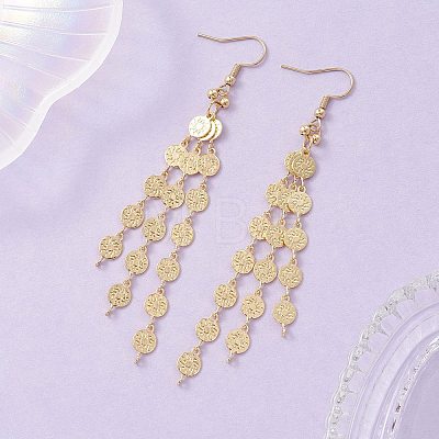 Brass Flat Round with Sun Pattern Link Chain Tassel Dangle Earrings EJEW-JE06928-1