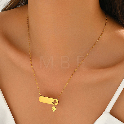 201 Stainless Steel Oval Tag Hollow Heart Clover Pendant Necklaces for Women TS8934-1