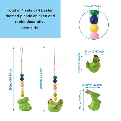 Crafans 4Pcs 4 Style Easter Theme Plastic Hen & Rabbit Pendant Decorations HJEW-CF0001-16B-1