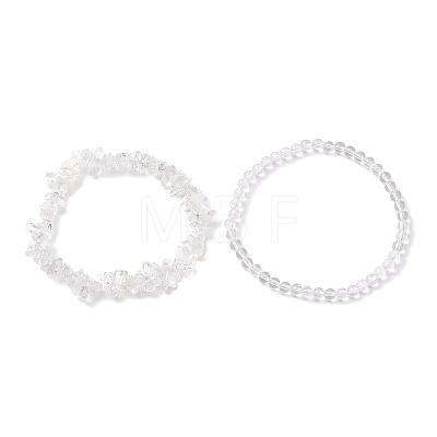 Chip & Round Natural Quartz Crystal Beaded Stretch Bracelets BJEW-JB10189-01-1