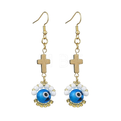 Handmade Seed Evil Eye & Cross Dangle Earrings EJEW-MZ00227-1