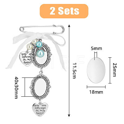 2Pcs 2 Style Oval & Love Heart Blank Glass Dome Wedding Bouquet Photo Charms Safety Pin Brooches JEWB-AB00006-1