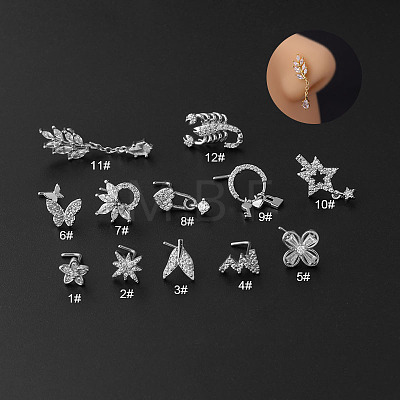 316L Surgical Stainless Steel Clear Cubic Zirconia Flower L-Shaped Nose Rings WG9E417-01-1