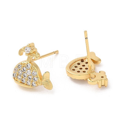Rack Plating Brass Whale Stud Earrings with Cubic Zirconia EJEW-D061-42G-1