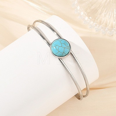 2Pcs 2 Colors Dyed Synthetic Turquoise Dome 304 Stainless Steel Hollow Open Cuff Bangle Sets BJEW-JB14400-1