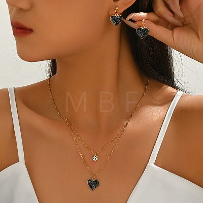 Stainless Steel Micro Pave Cubic Zirconia Stud Earrings & Pendant Double Layer Necklaces Sets for Women RT8932-1