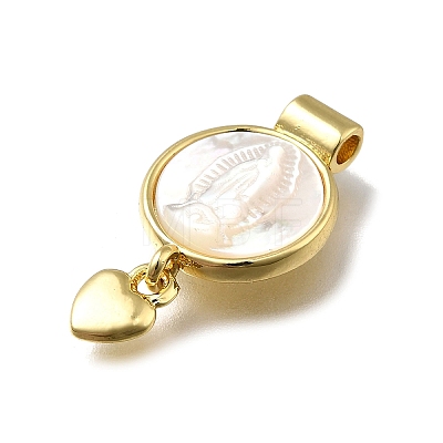 Brass Pave Natural White Shell Flat Round with Heart Pendants KK-C090-37G-1