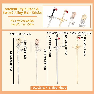 Olycraft 4Pcs 4 Style Ancient Style Rose & Sword Alloy Hair Sticks MRMJ-OC0003-07-1
