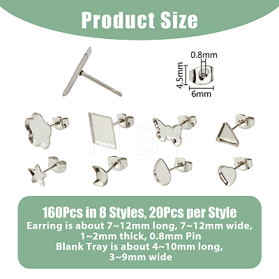 160Pcs 8 Style 304 Stainless Steel Stud Earring Settings STAS-DC0014-79-1