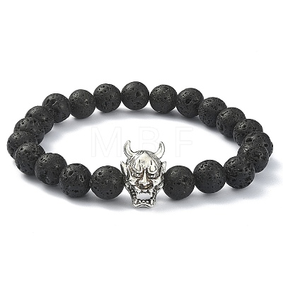 Natural Lava Rock Round & Alloy Devil Beaded Stretch Bracelet for Women BJEW-JB09378-1