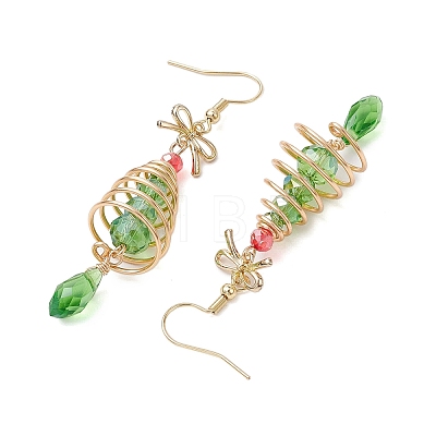 Christmas Tree with Bowknot Brass Wired Glass Dangle Earrings EJEW-JE06125-1