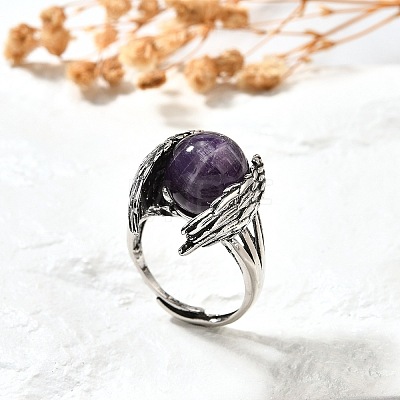 Natural Amethyst Wings Adjustable Rings RJEW-K241-04AS-08-1