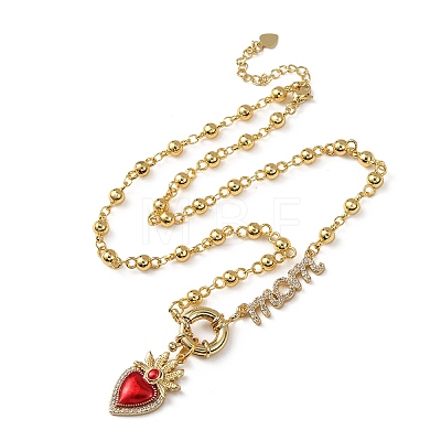 Mother's Day Brass Micro Pave Clear Cubic Zirconia Enamel Red Sacred Heart Mama Pendant Necklaces for Women NJEW-A071-12C-G-1