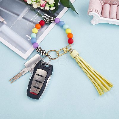 Silicone Round Beaded Keychain with Imitation Leather Tassel KEYC-SW00005-04-1