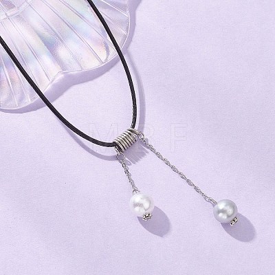ABS Plastic Imitation Pearl Round Tassel Pendant Black Waxed Polyester Cord Necklaces for Women NJEW-JN05610-01-1