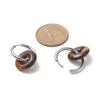 Natural Tiger Eye Pi Disc/Donut Dangle Hoop Earrings EJEW-JE05132-01-1