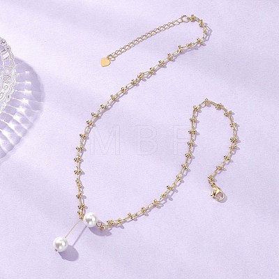 White Round Shell Pearl Pendant Brass Oval Link Chain Necklaces for Women NJEW-JN05695-1