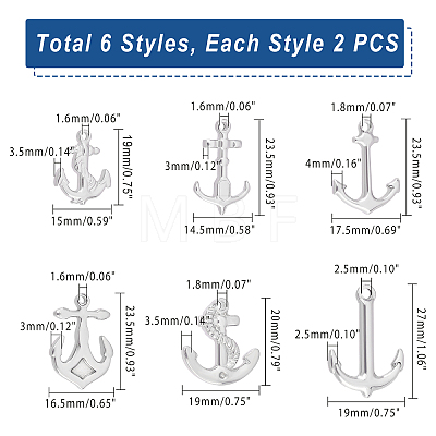 Unicraftale 12Pcs 6 Style Stainless Steel Pendants STAS-UN0037-79-1
