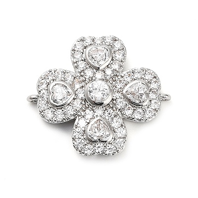 Brass Clear Cubic Zirconia Flower Connector Charms KK-L229-065P-1