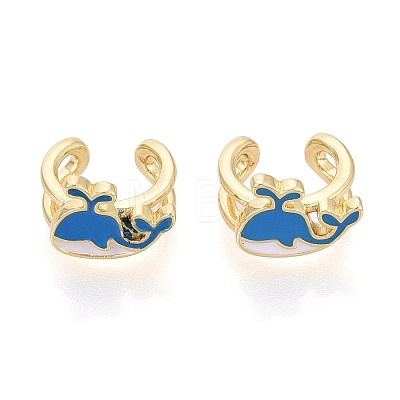 Whale Brass Enamel Cuff Earrings EJEW-T049-05G-1