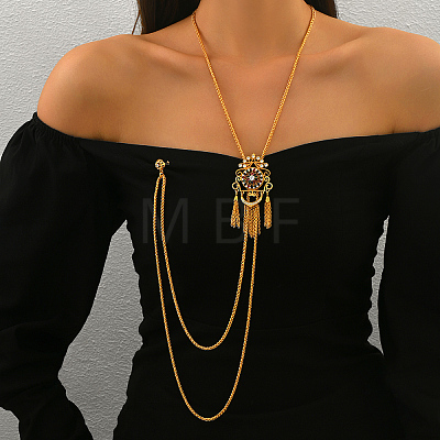 Vintage Gothic Style Brass Pave Cubic Zirconia Flower Long Tassel Lariat Necklace Brooch for Women GO0016-3-1