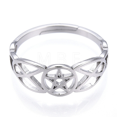 304 Stainless Steel Hollow Out Pentagram Adjustable Ring for Women RJEW-T027-12P-1