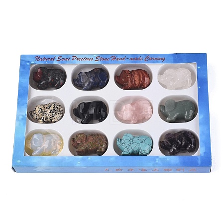 Natural & Synthetic Mixed Gemstone Pig Figurines Set G-Q615-06-1