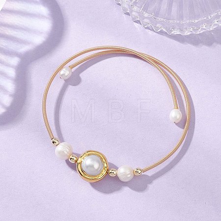 Natural Cultured Freshwater Pearl & Non-magnetic Synthetic Hematite Beaded Cuff Bangles for Women BJEW-JB14020-1