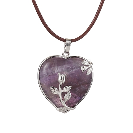 Natural Amethyst Heart Pendant Necklace with Cowhide Leather Cords NJEW-JN04598-01-1