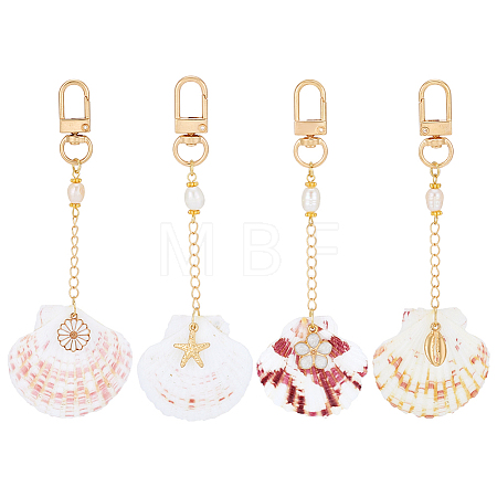 4Pcs 4 Styles Alloy Natural Sea Shell Flower with Starfish Pendant Decorations HJEW-PH02409-1