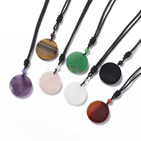 Natural Gemstone Flat Round with Flower of Life Pendant Necklace with Nylon Cord for Women NJEW-P274-02-1
